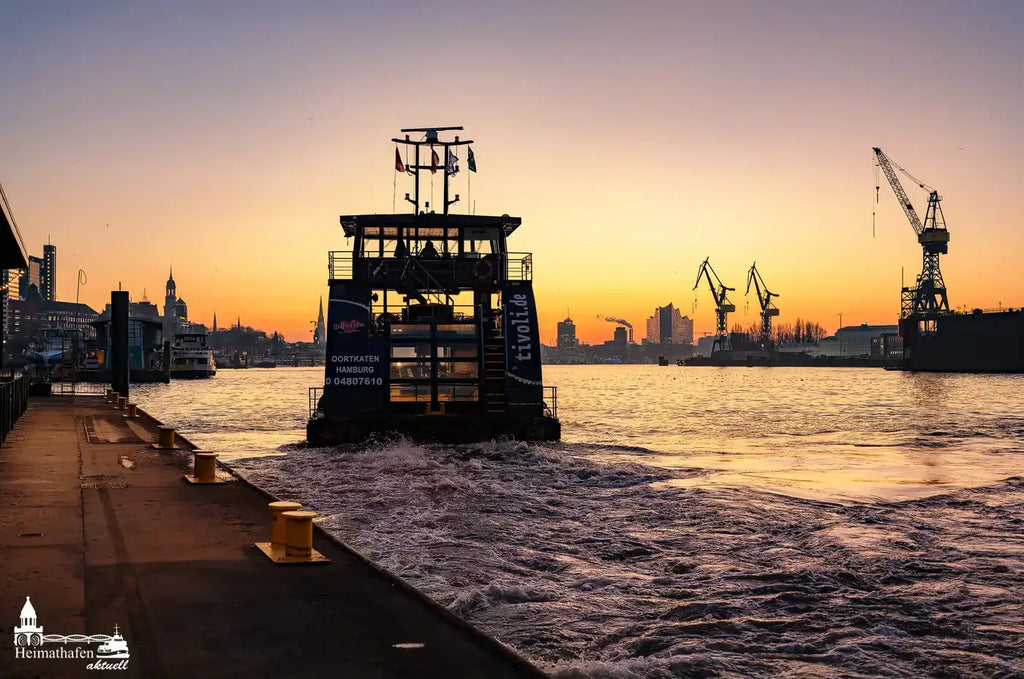 Fähre am Anleger Fischauktionshalle Altona bei Sonnenaufgang