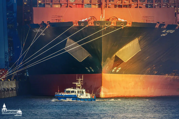 Containerriese AL NEFUD im Hamburger Hafen mit Boot der Wasserschutzpolizei WS 35