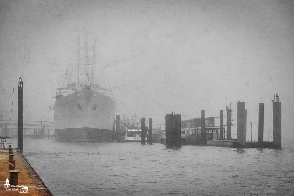 Cap San Diego im Nebel an den Landungsbrücken in Hamburg