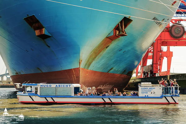 Der Hafenrundfahrt-Katamaran HUGO ABICHT vor dem riesigen Bug des Containerschiffs MAYVIEW MAERSK im Hamburger Hafen