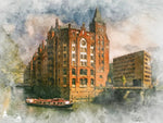 Hamburg abstrakt - Speicherstadt mit Barkasse im Vordergrund