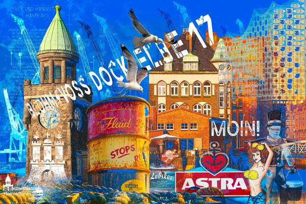 Hamburg "blau" - Foto Collage von Inga Lewandowski - Pegelturm, Wasserschloss, Elbphilharmonie