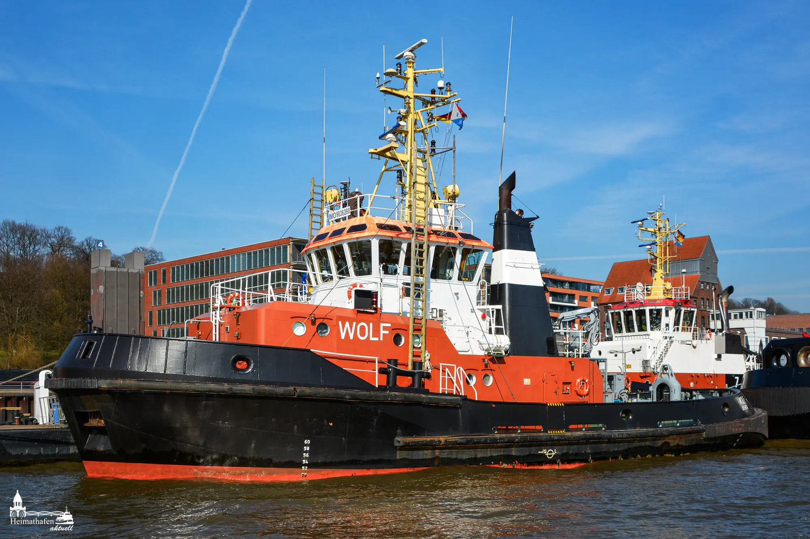 Der Hafenschlepper WOLF liegt an der Schlepperpier in Neumühlen bei sonnigem Wetter vor Anker.