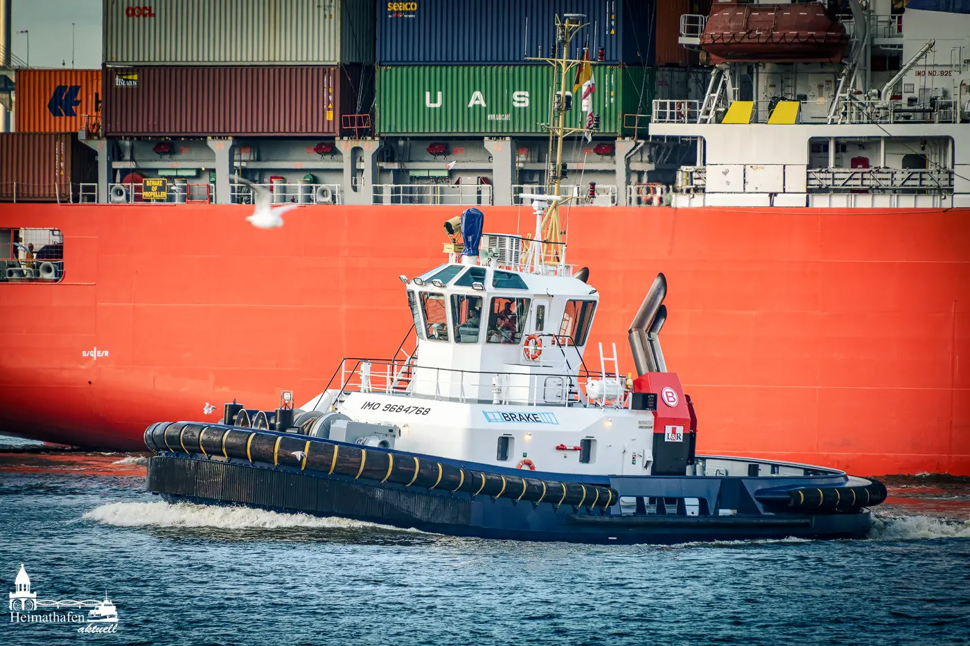 Der Hafenschlepper BRAAKE von L&R Lüttgens & Reimers bugsiert in voller Fahrt an einem riesigen Containerschiff im Hamburger Hafen vorbei. Im Hintergrund: ein Meer aus bunten Containern.