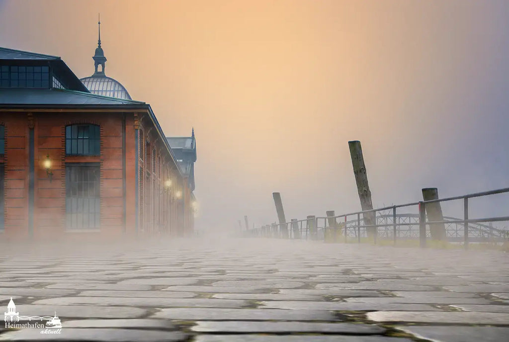 Hamburg-Hafenfotos - Fischauktionshalle bei Nebel und Sonnenaufgang